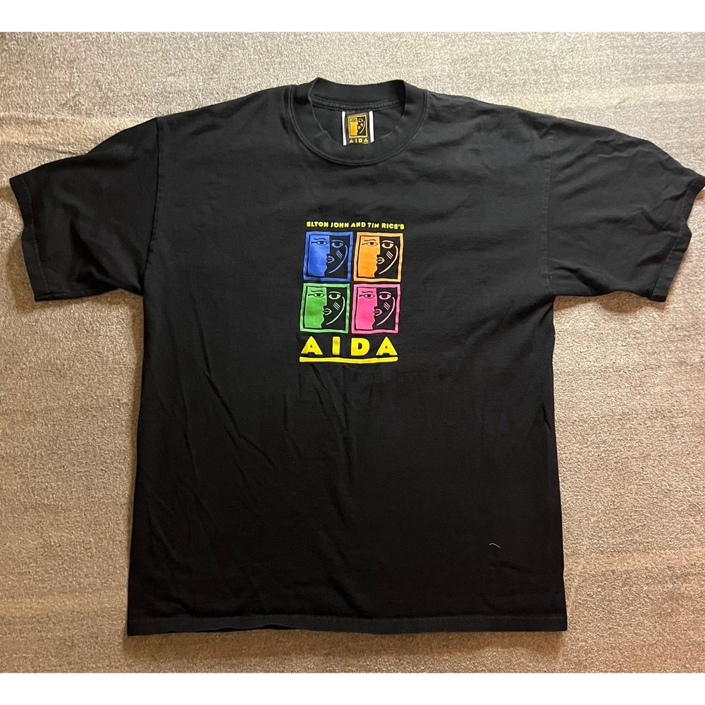 Vintage Aida Musical T-Shirt Elton John Tim Rice Broadway Graphic Black Large
